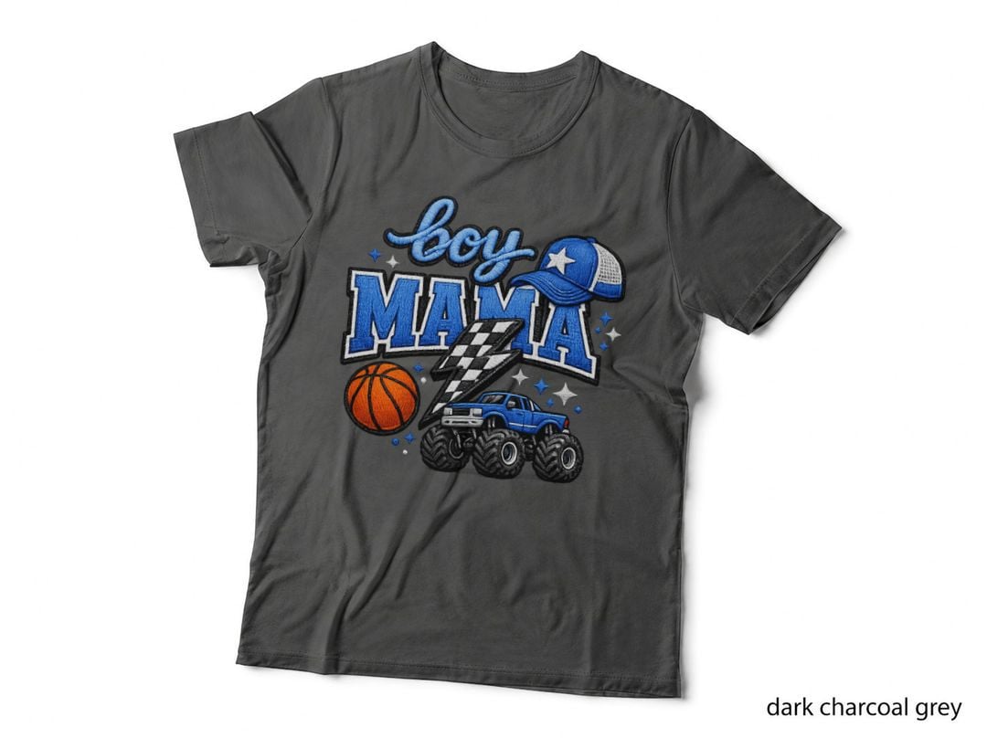 Boy Mama Boy Girl Mom T-Shirt, Monster Truck Basketball Checkered Graphic Tee