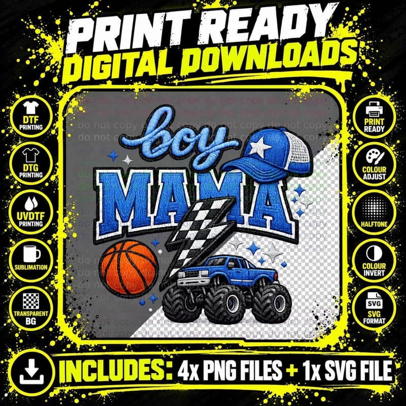 Boy Mama Boy Girl Mom T-Shirt, Monster Truck Basketball Png SVG Digital Bundle