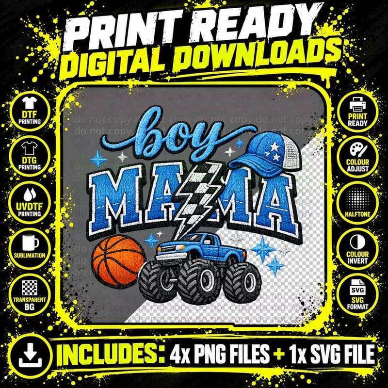 Boy Mazma Boy Girl Mom T-Shirt, Monster Truck Basketball Png SVG Digital Bundle