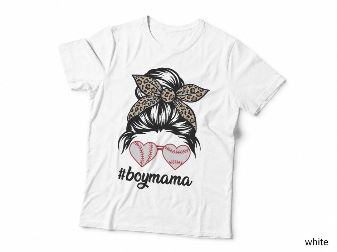 Boymama Boy Girl Mom T-Shirt, Baseball Mom Bun with Leopard Bow Graphic Tee