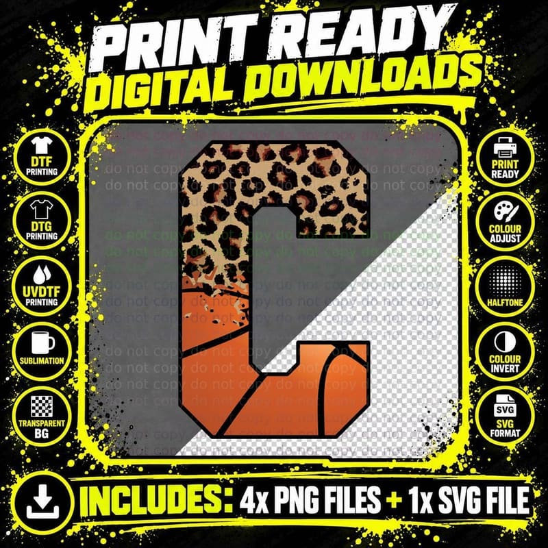 C Basketball T-Shirt, Leopard Print Basketball Letter C Png SVG Digital Bundle