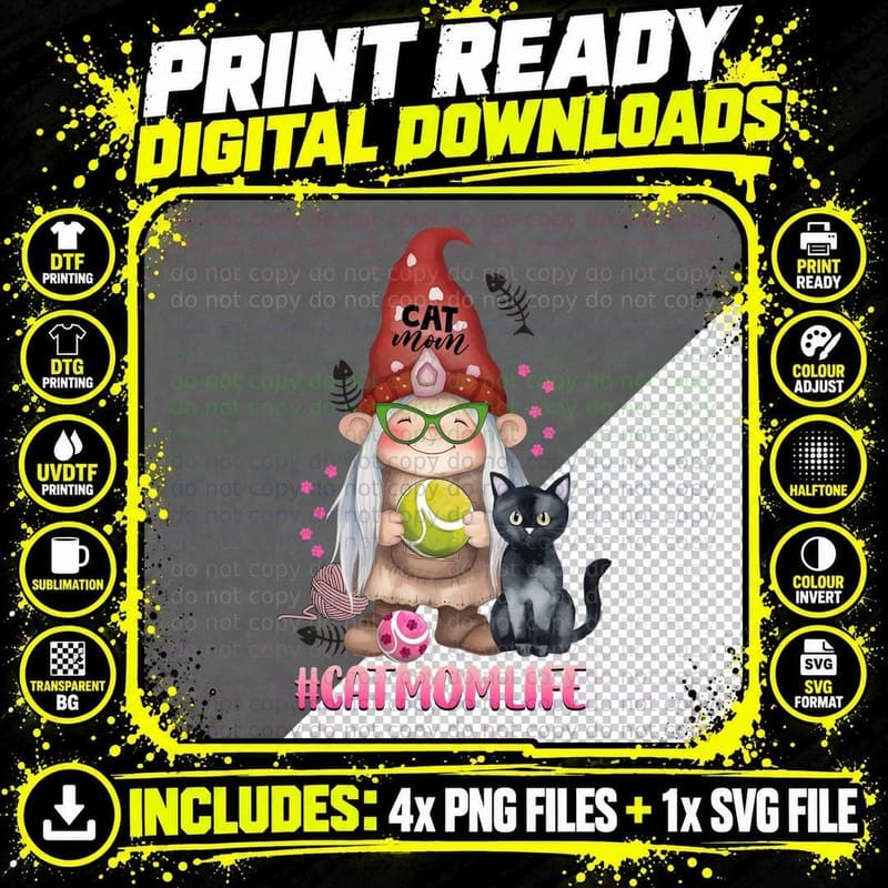 Cat Mom Life Mom T-Shirt, Cat Mom Gnome with Tennis Ball Png SVG Digital Bundle