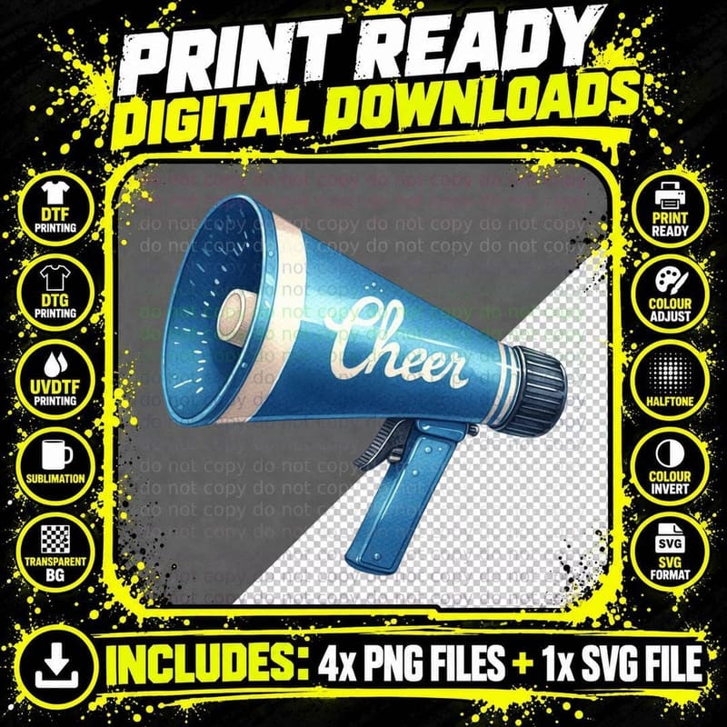 Cheer Football T-Shirt, Blue Megaphone with Cheer Png SVG Digital Bundle