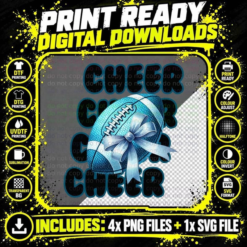Cheer Football T-Shirt, Cheerleading Football with Bow Png SVG Digital Bundle