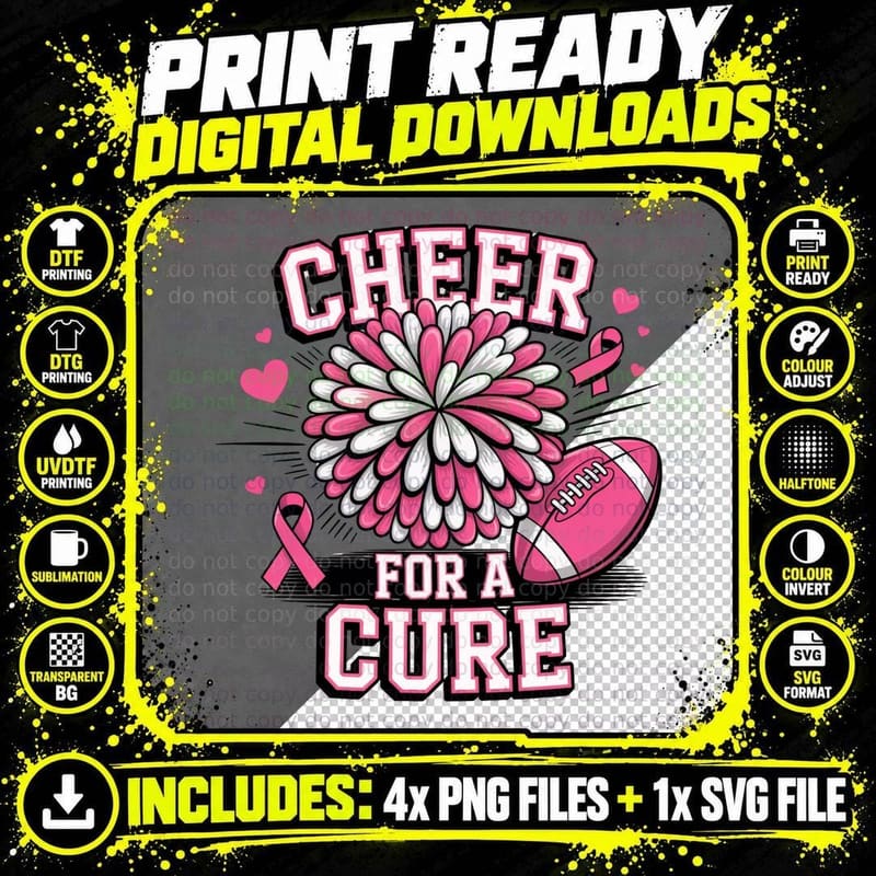 Cheer for a Cure Cheer T-Shirt, Cheerleading Pom-Pom Png SVG Digital Bundle