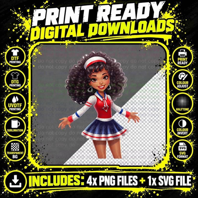 Cheerleader in Red White Blue Uniform Football T-Shirt Png SVG Digital Bundle