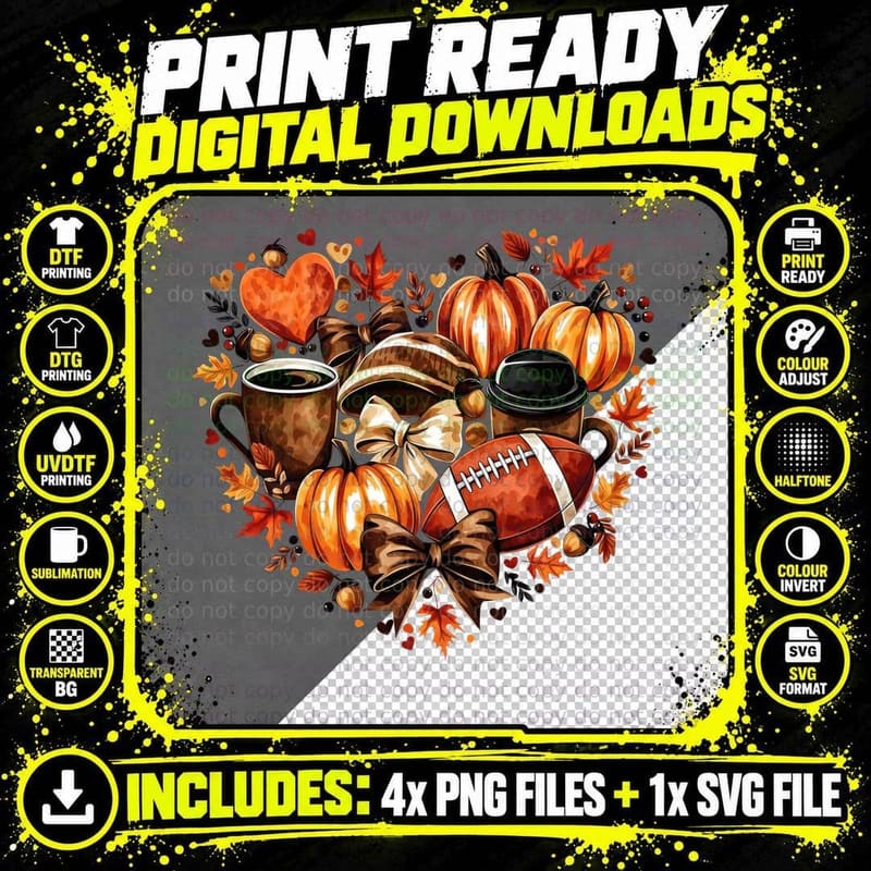 Coffee Cups Pumpkins Football Leaves Fall T-Shirt Png SVG Digital Bundle
