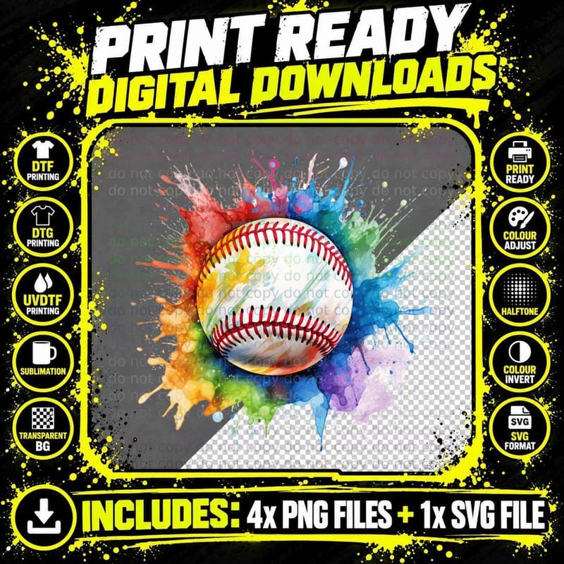 Colorful Baseball Splash Design Baseball T-Shirt Png SVG Digital Bundle