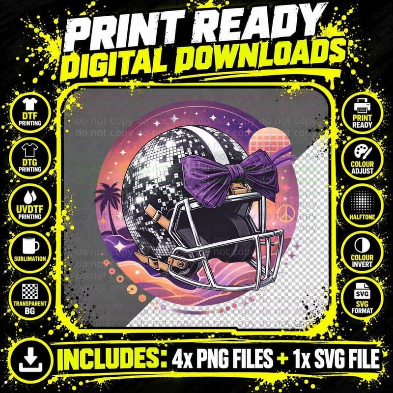 Disco Ball Helmet with Bow Football T-Shirt Png SVG Digital Bundle