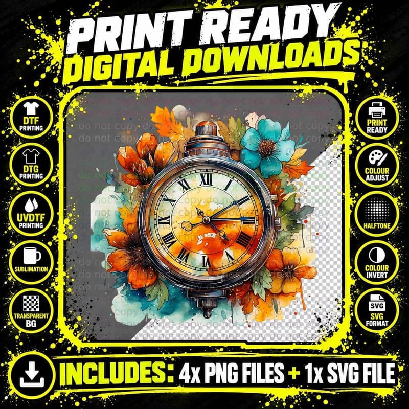 Floral Clock Art Football T-Shirt, Football Graphic Tee Png SVG Digital Bundle