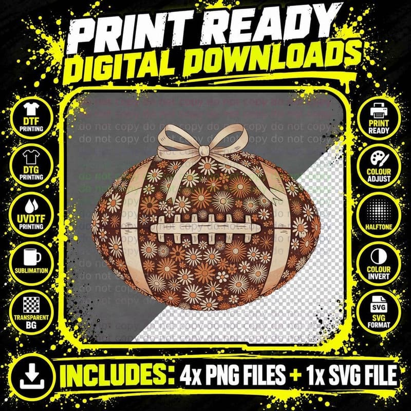 Floral Football Ornament with Ribbon Bow Football Design Png SVG Digital Bundle