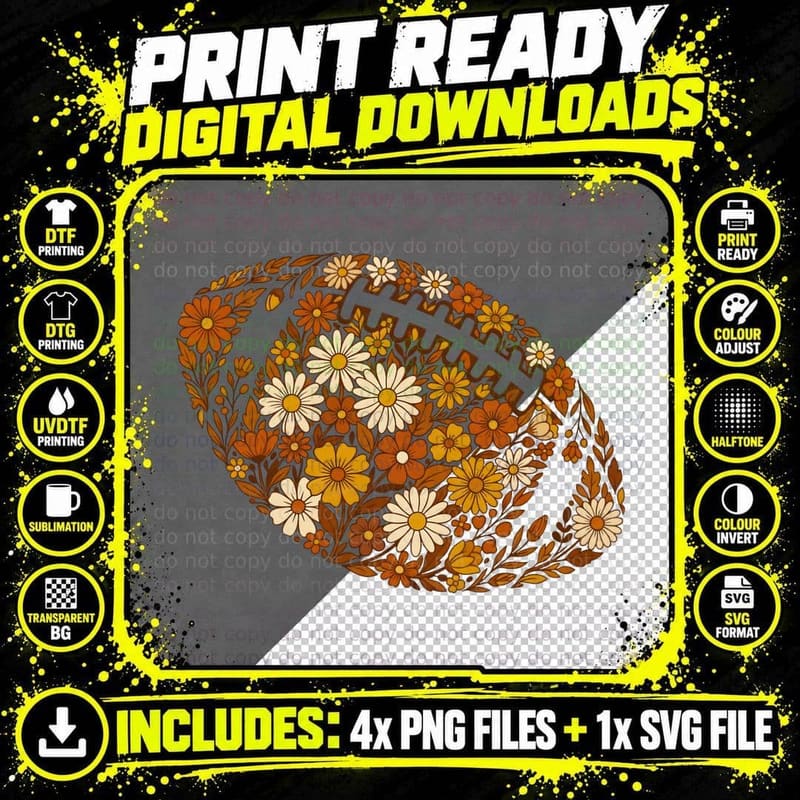 Floral Heart Pattern in Autumn Colors Football T-Shirt Png SVG Digital Bundle