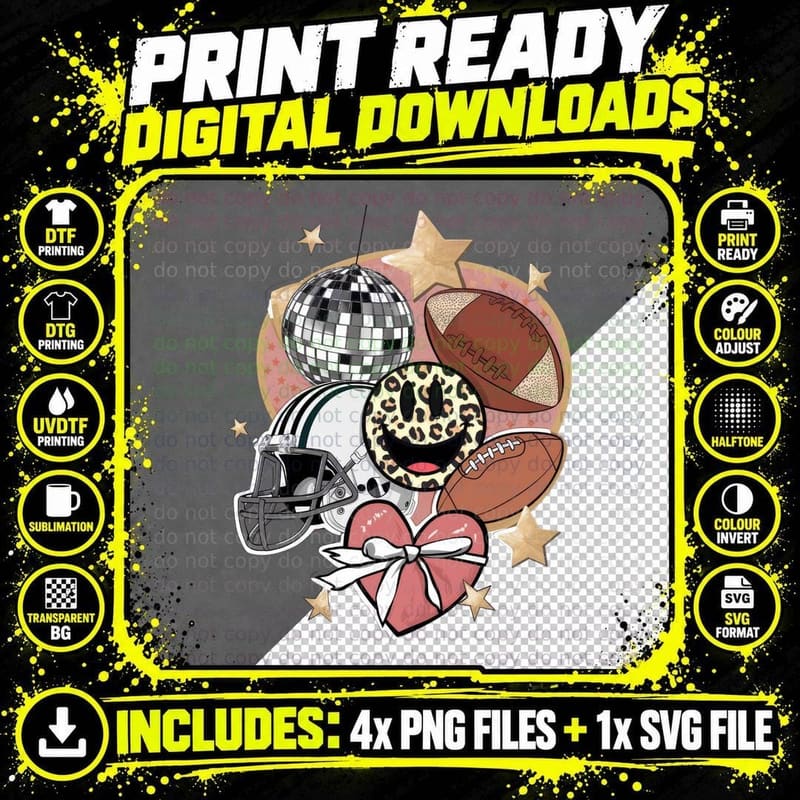 Football Disco Ball Leopard Smiley Face Heart with Png SVG Digital Bundle
