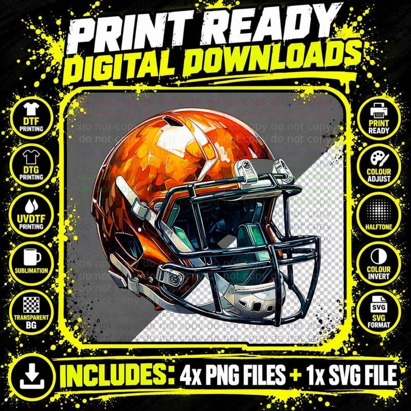 Football Helmet with Fiery Orange Flames Football Png SVG Digital Bundle