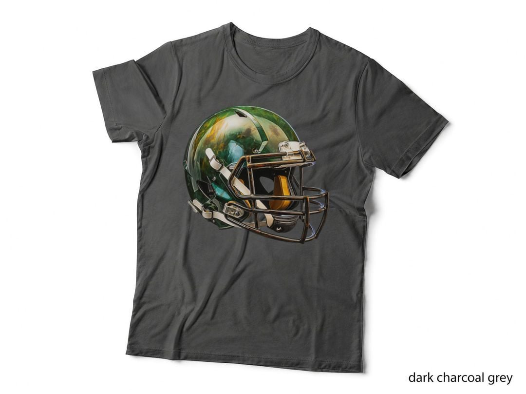 Football Helmet with Green and Gold Paint Splatter Football T-Shirt