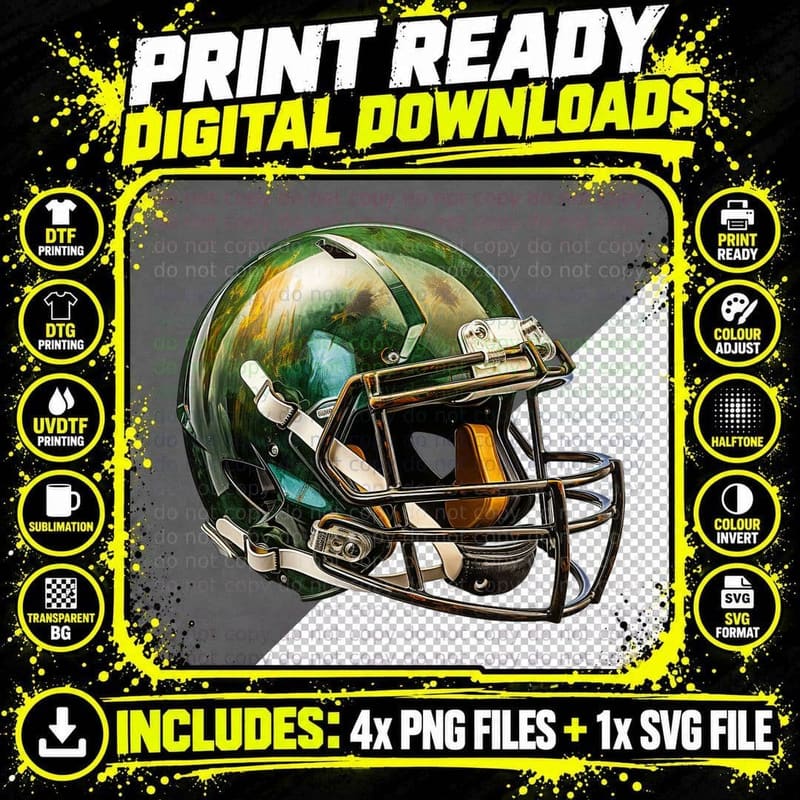 Football Helmet with Green and Gold Paint Splatter Png SVG Digital Bundle