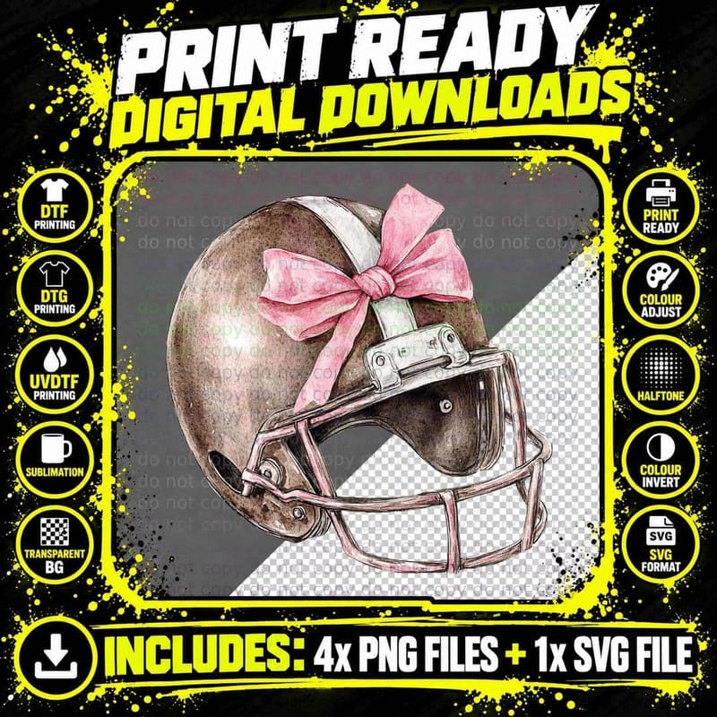 Football Helmet with Pink Bow Football T-Shirt Png SVG Digital Bundle