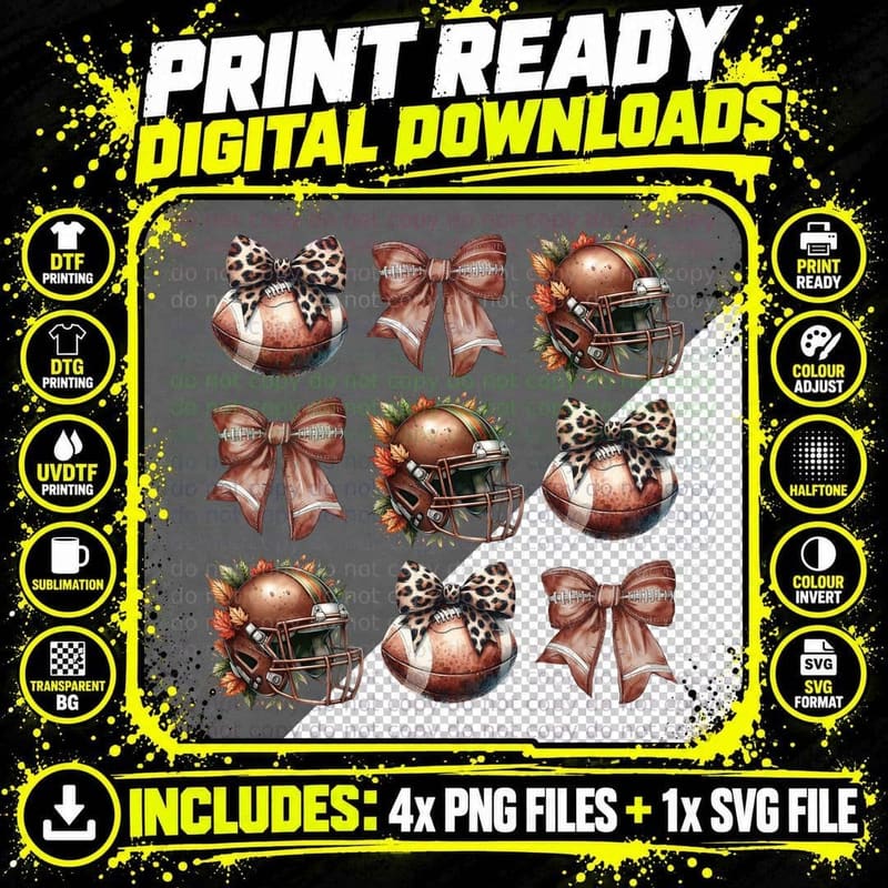Football Helmets & Bows with Fall Leaves Football Png SVG Digital Bundle