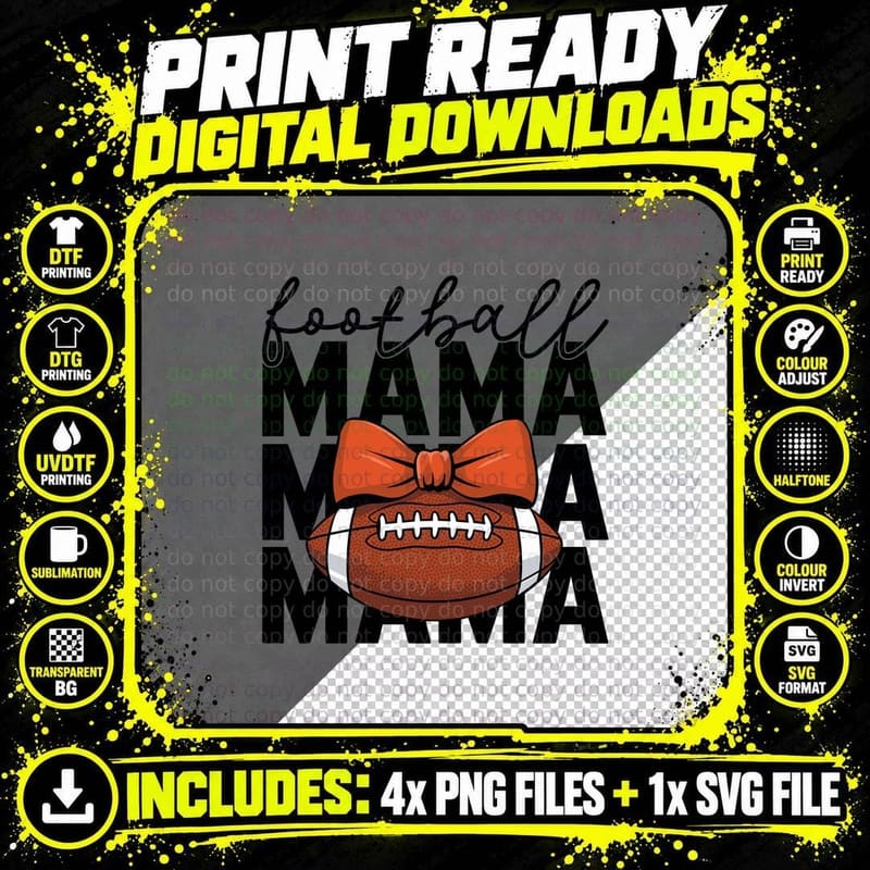 Football Mama Football T-Shirt, Football Ball Bow Tie Png SVG Digital Bundle