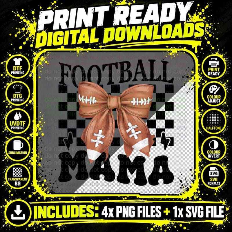 Football Mama Football T-Shirt, Football-Themed Bow on Png SVG Digital Bundle