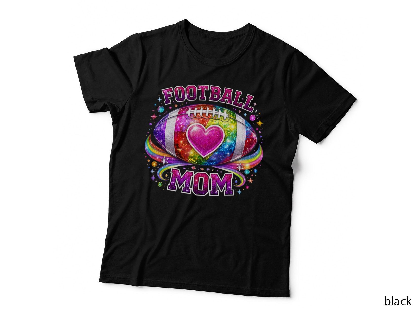 Football Mom Football T-Shirt, Glittery Rainbow Football with Heart Graphic Tee