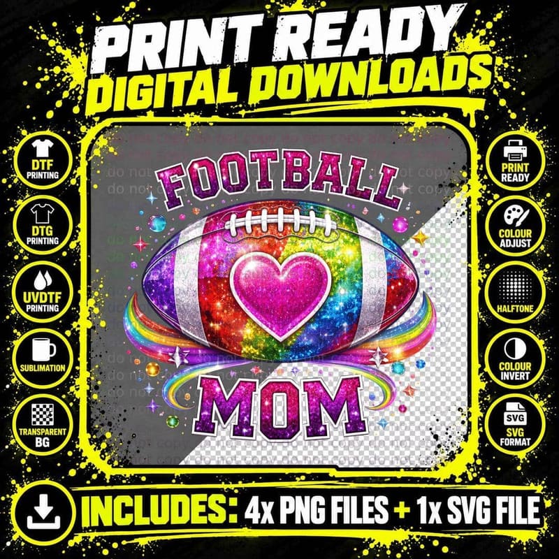 Football Mom Football T-Shirt, Glittery Rainbow Football Png SVG Digital Bundle