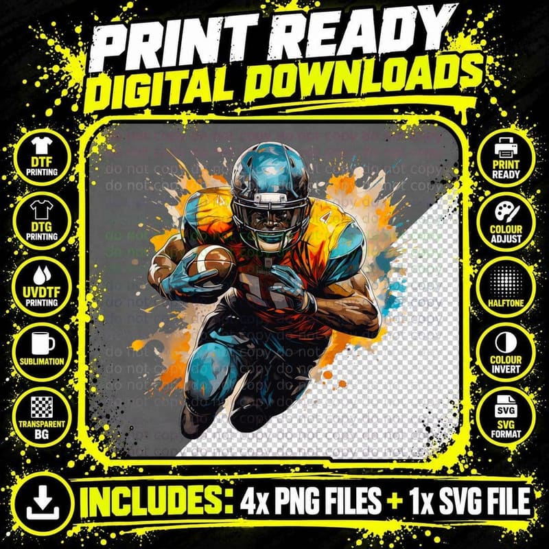 Football Player Running with Ball Football Novelty Png SVG Digital Bundle