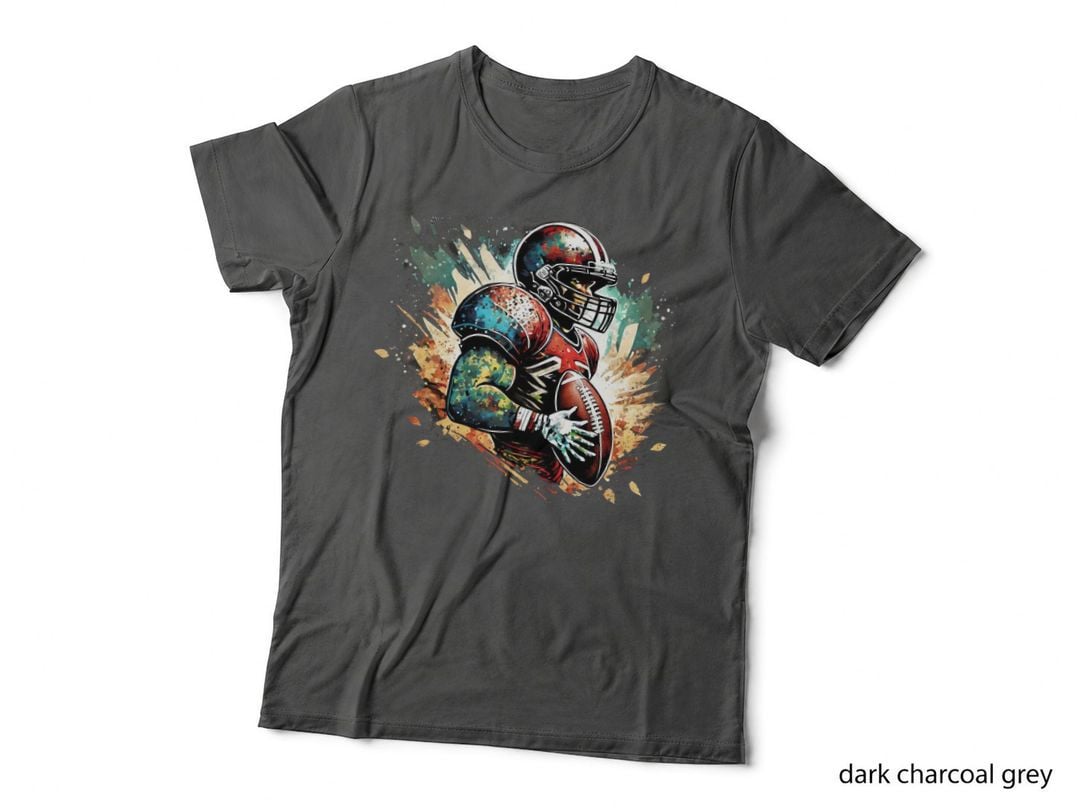 Football Player in Action with Colorful Splatter Football T-Shirt