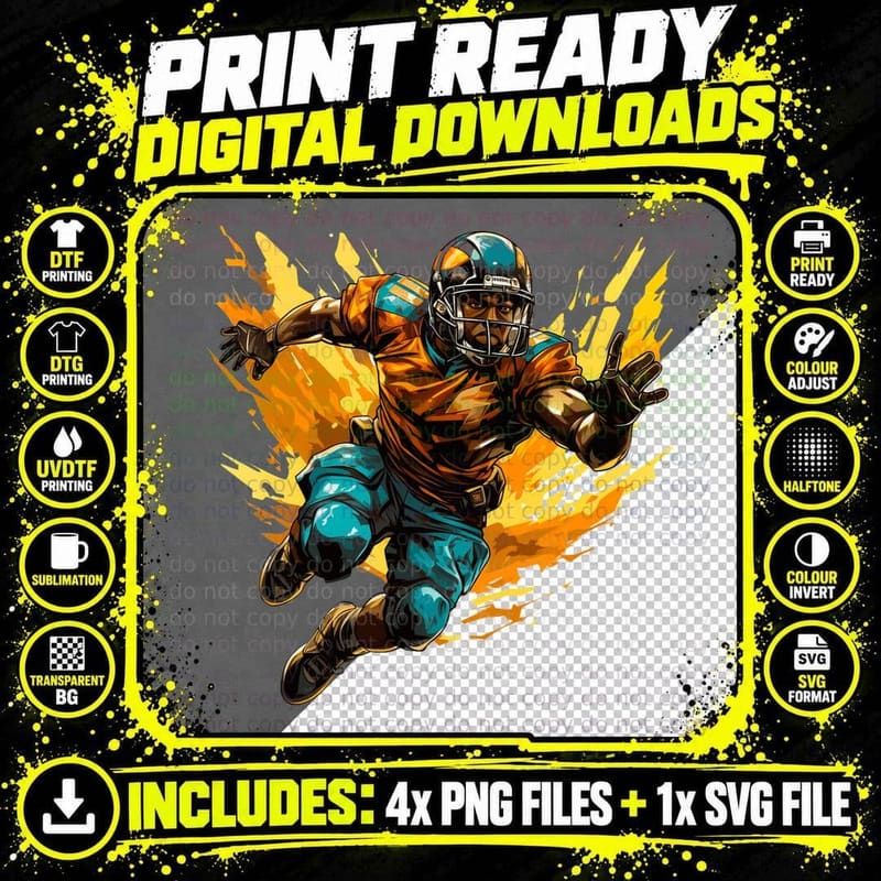 Football Player in Action with Vibrant Colors Football Png SVG Digital Bundle