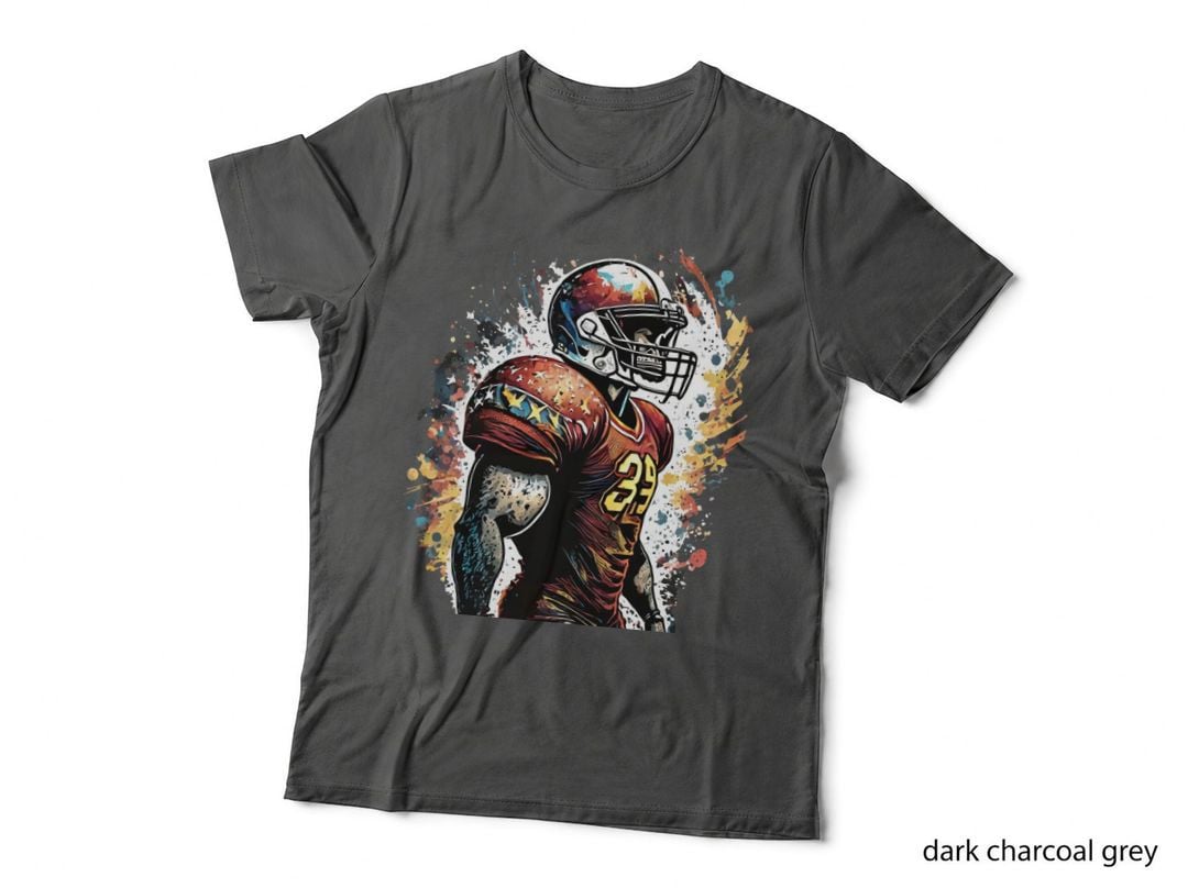 Football Player in Dynamic Pose with Colorful Football T-Shirt