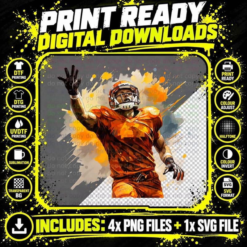 Football Player in Orange Uniform Football T-Shirt Png SVG Digital Bundle