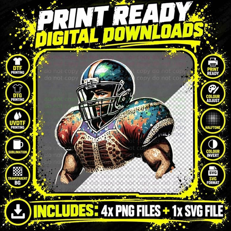 Football Player in Vibrant Paint Splatter Uniform Png SVG Digital Bundle