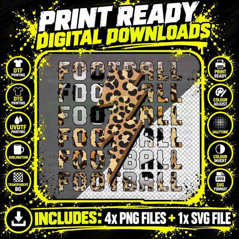 Football T-Shirt, Leopard Print Pencil Striking Graphic Png SVG Digital Bundle