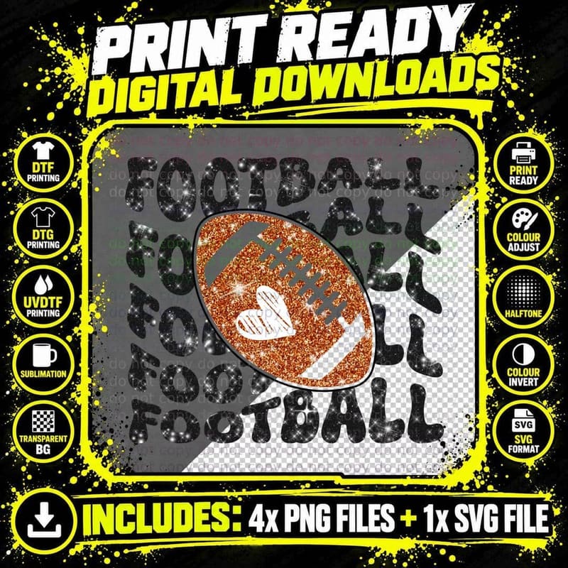 Football T-Shirt, Sparkly Football with Heart Graphic Tee Png SVG Digital Bundle