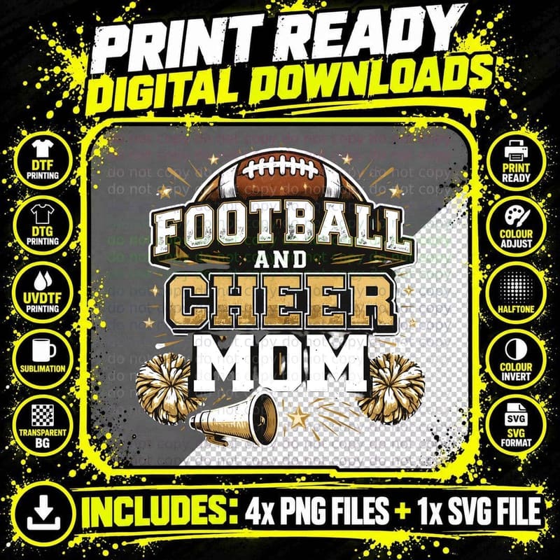 Football and Cheer Mom Football T-Shirt Png SVG Digital Bundle