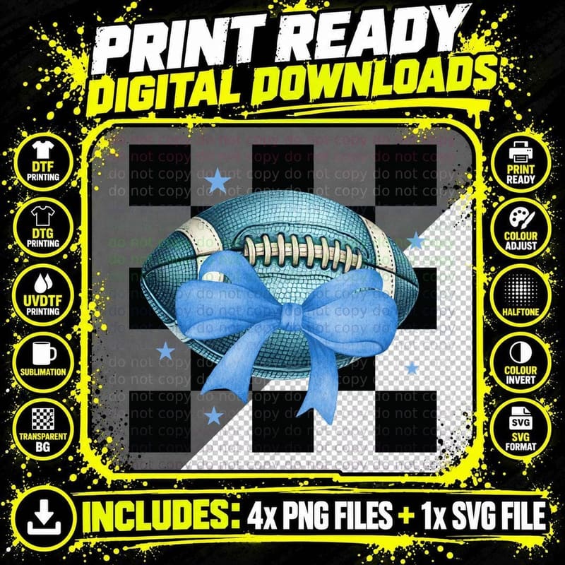 Football with Blue Bow on Checkered Background Football Png SVG Digital Bundle