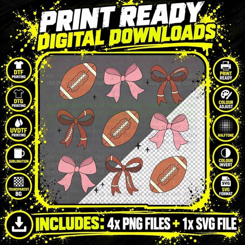 Footballs & Bows Football T-Shirt, Football Graphic Tee Png SVG Digital Bundle