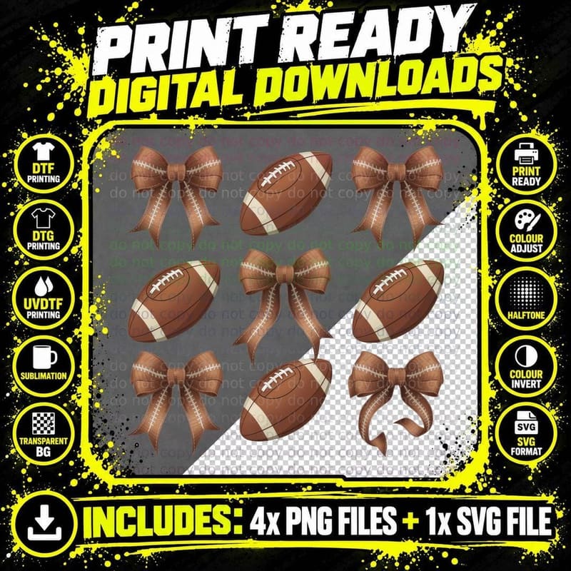 Footballs & Bows Pattern Football T-Shirt Png SVG Digital Bundle