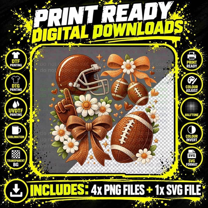 Footballs Flowers Bows Hearts Football T-Shirt Png SVG Digital Bundle