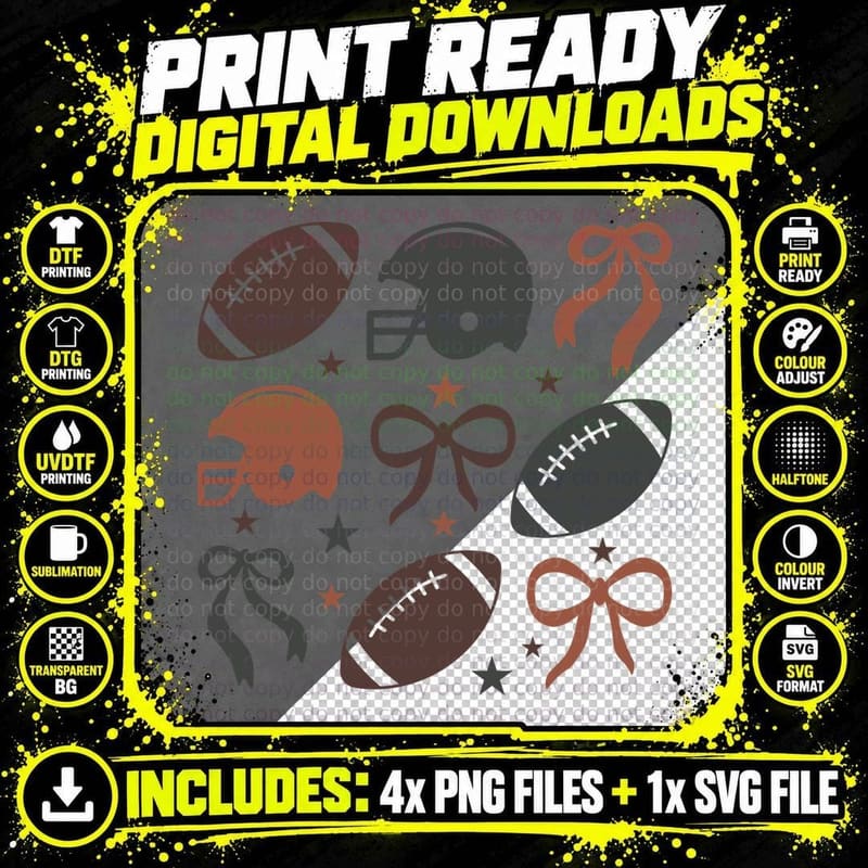 Footballs Helmets Bows Stars Football T-Shirt Png SVG Digital Bundle