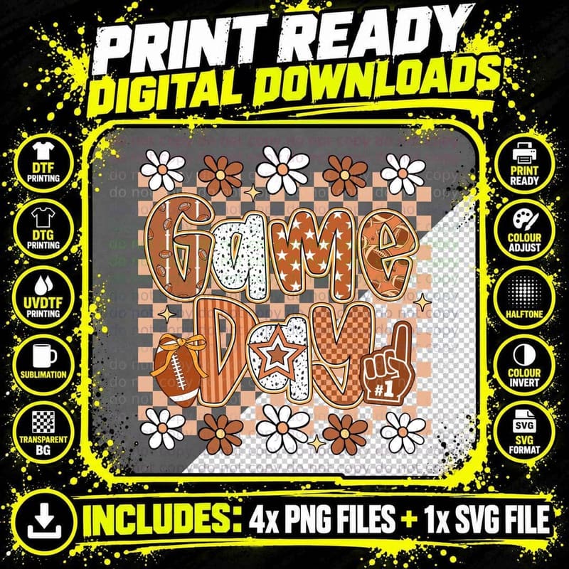 Game Day 1 Football T-Shirt, Football-Themed Floral Png SVG Digital Bundle