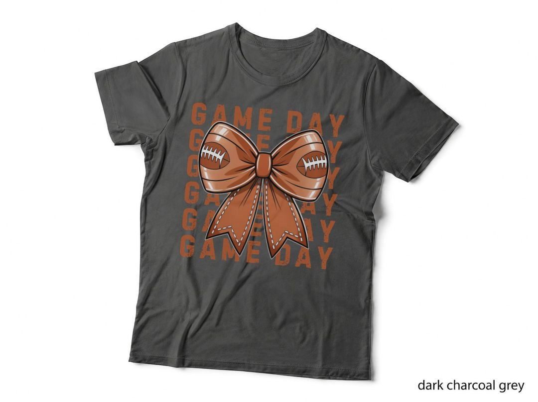 Game Day Football Design T-Shirt, Football Bow on Gray Background Graphic Tee