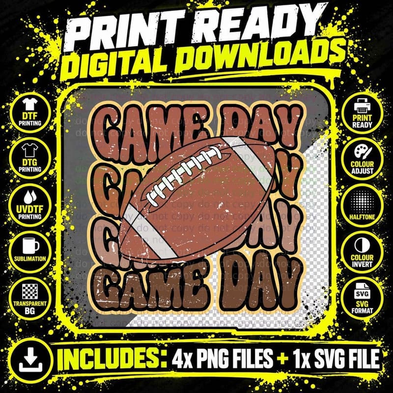 Game Day Football Print T-Shirt, Football-Themed Graphic Png SVG Digital Bundle