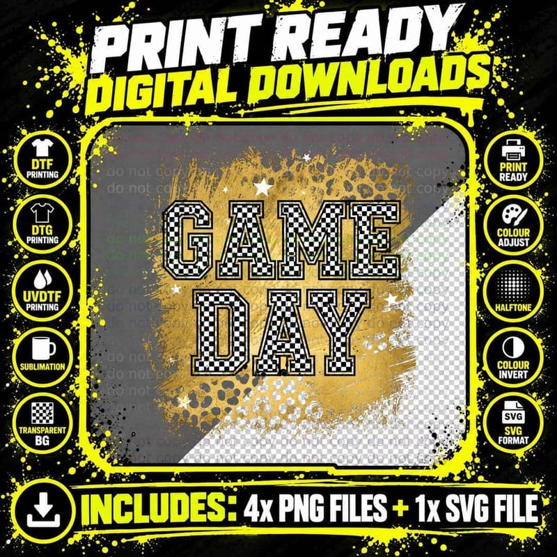 Game Day Football T-Shirt, Checkered Gold Splash Stars Png SVG Digital Bundle