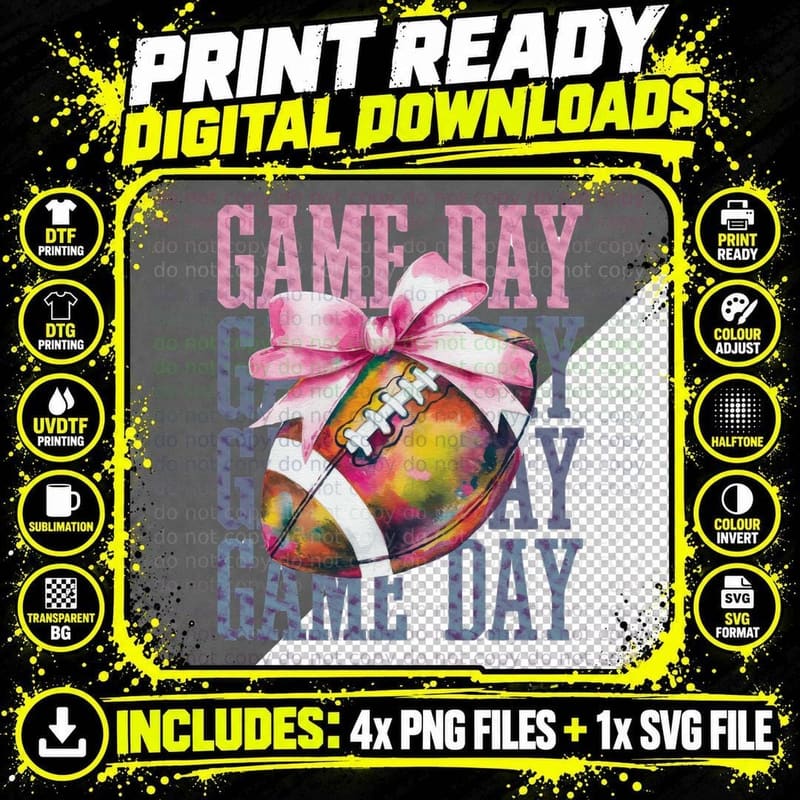 Game Day Football T-Shirt, Colorful Football with Bow Png SVG Digital Bundle