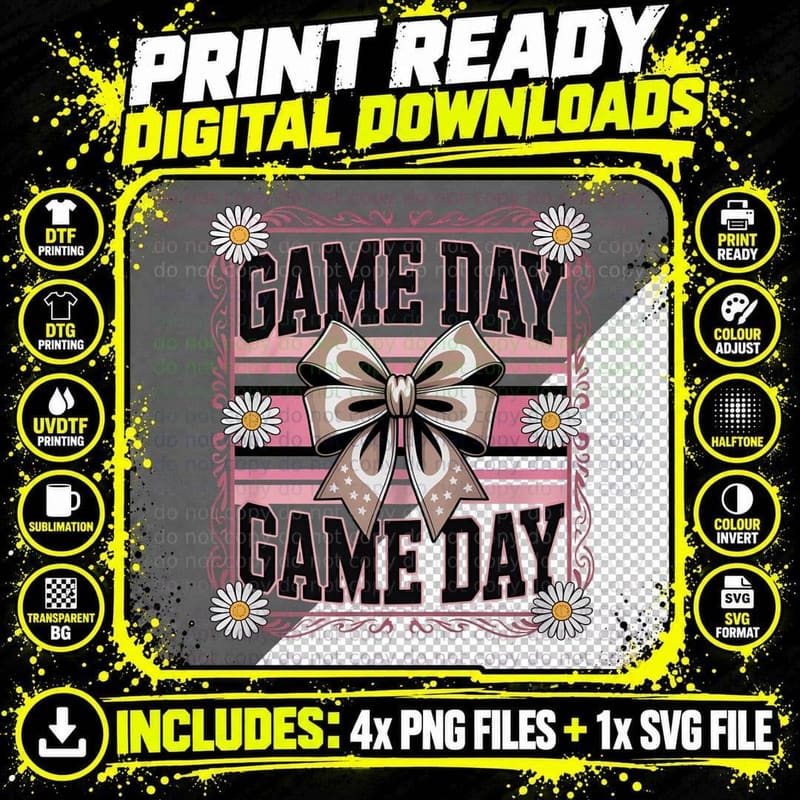 Game Day Football T-Shirt, Floral Bow Game Day Graphic Png SVG Digital Bundle