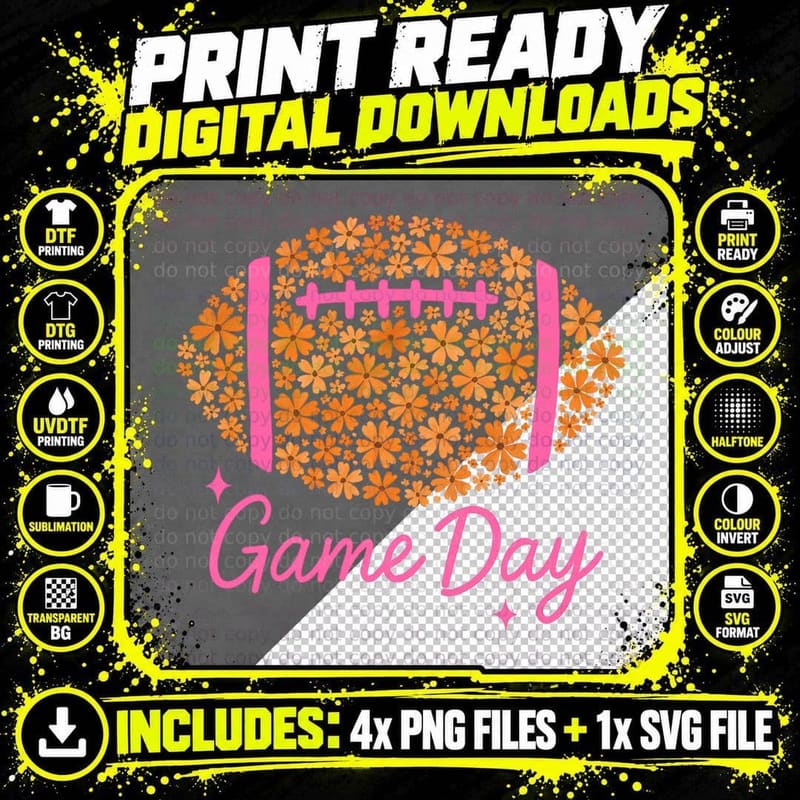 Game Day Football T-Shirt, Floral Football Pattern Png SVG Digital Bundle