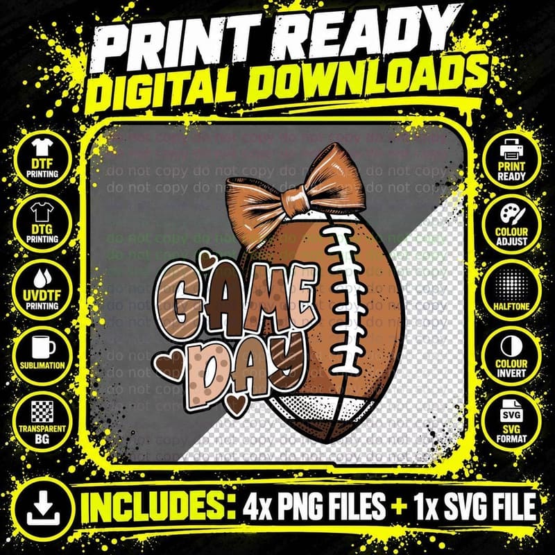 Game Day Football T-Shirt, Football with Bow and Hearts Png SVG Digital Bundle