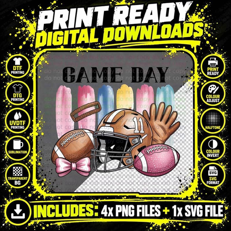 Game Day Football T-Shirt, Footballs Helmet Gloves Bows Png SVG Digital Bundle