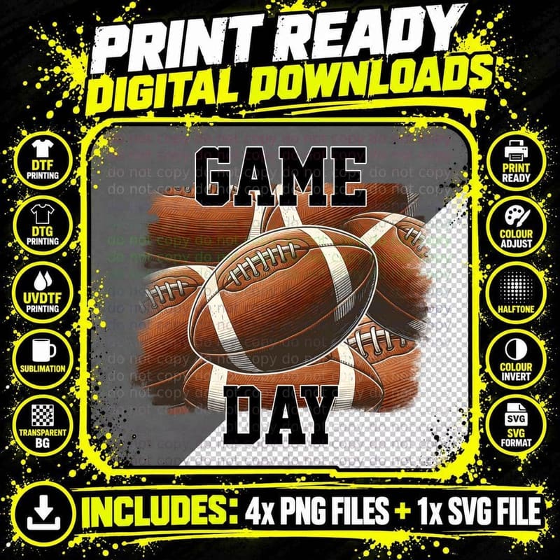 Game Day Football T-Shirt, Footballs in Dynamic Png SVG Digital Bundle